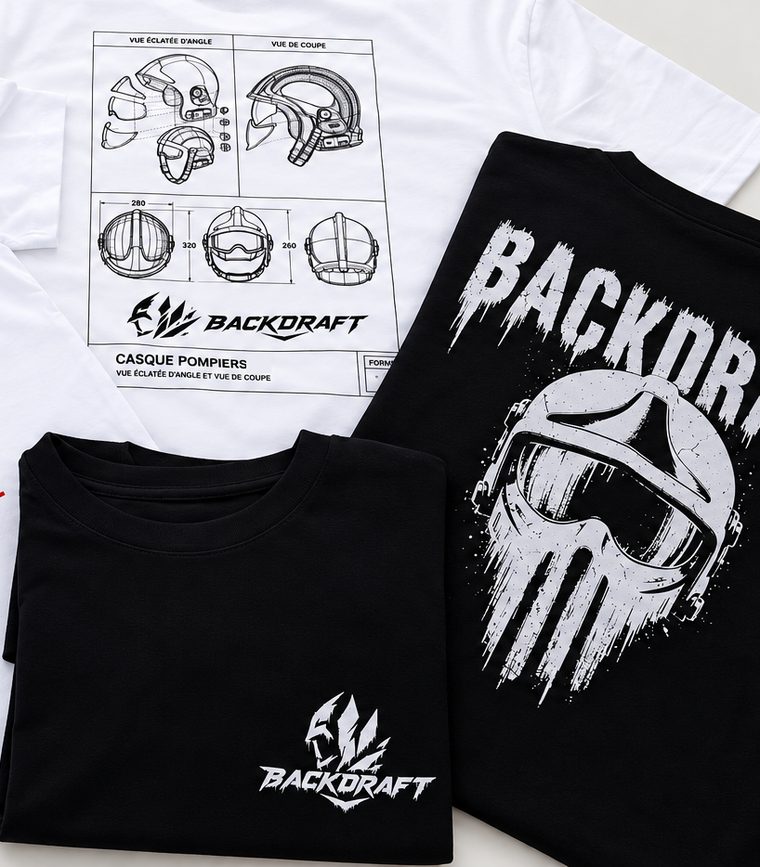 Tees Backdraft de la Collection N°1 posés à plat : Plan Casque, Logo Cœur et Grunge Casque